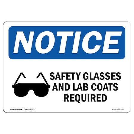 Signmission OSHA Sign, Glasses And Lab Coats Required With Symbol, 10in X 7in Aluminum, 10" W, 7" H, Landscape OS-NS-A-710-L-18158